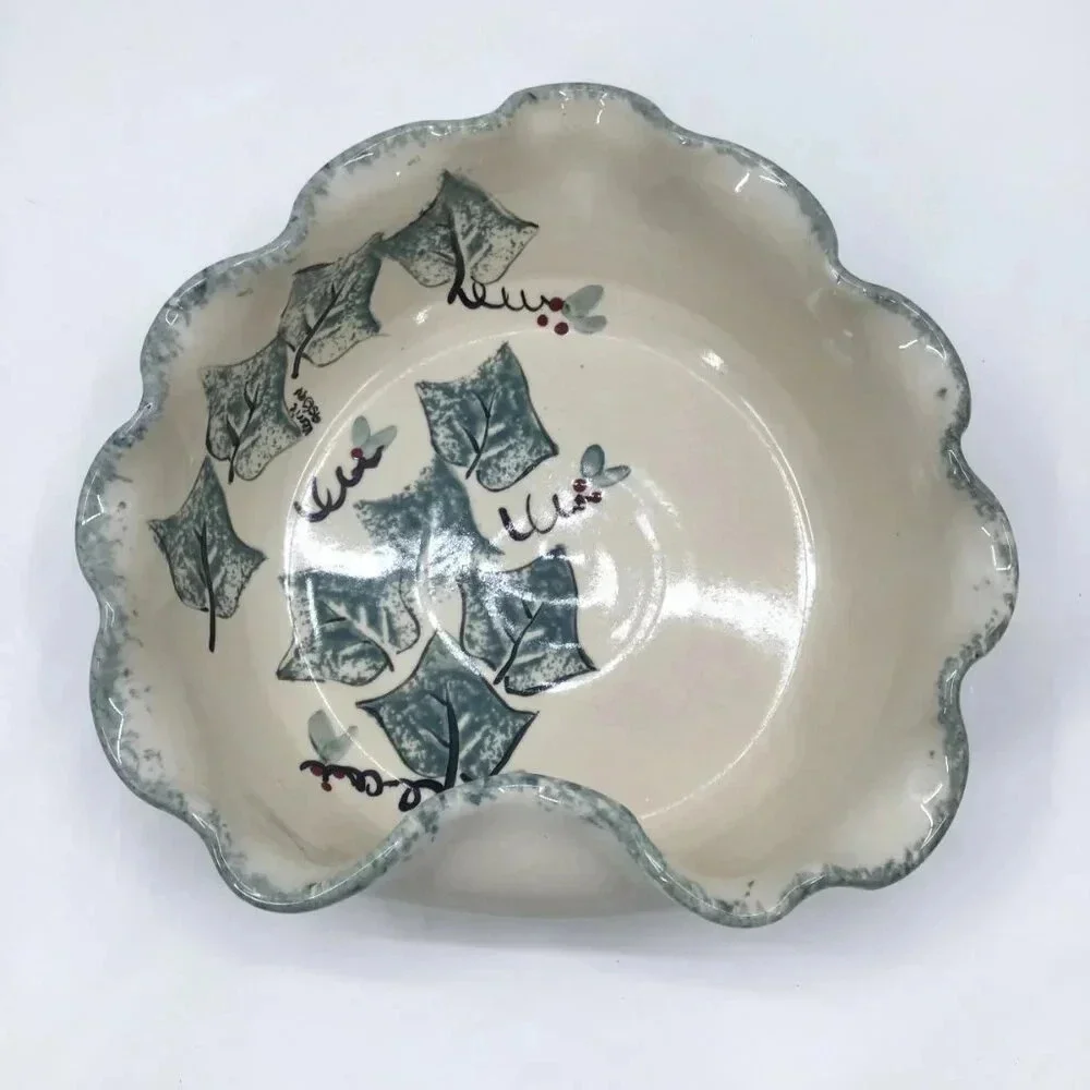 Vintage Abstract Studio Ceramic Ivy Holly Serving Bowl Artist Signed Green Red